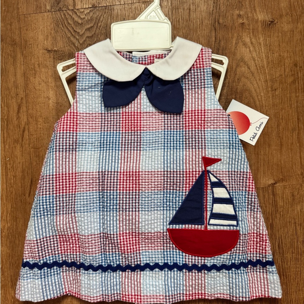 Plaid Sailboat Kids Dress - Red and Blue